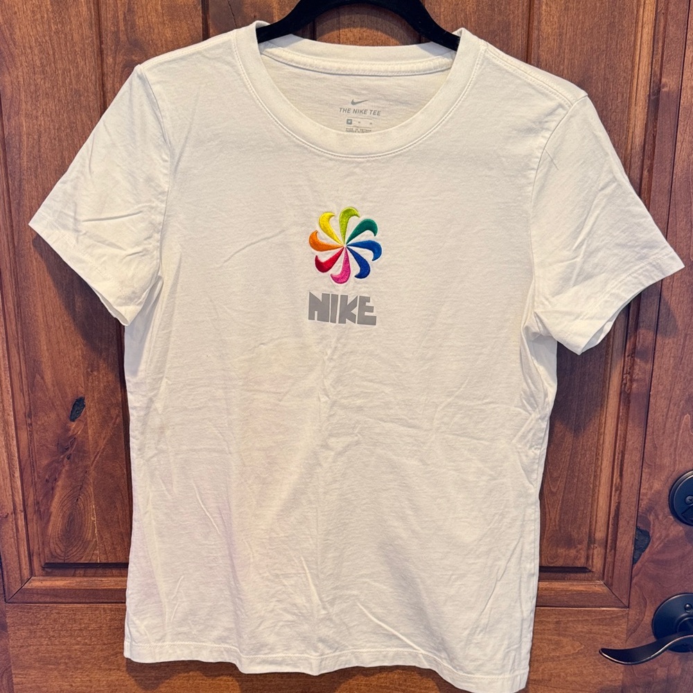 Nike White Tee with Multicolor Swirl Logo
